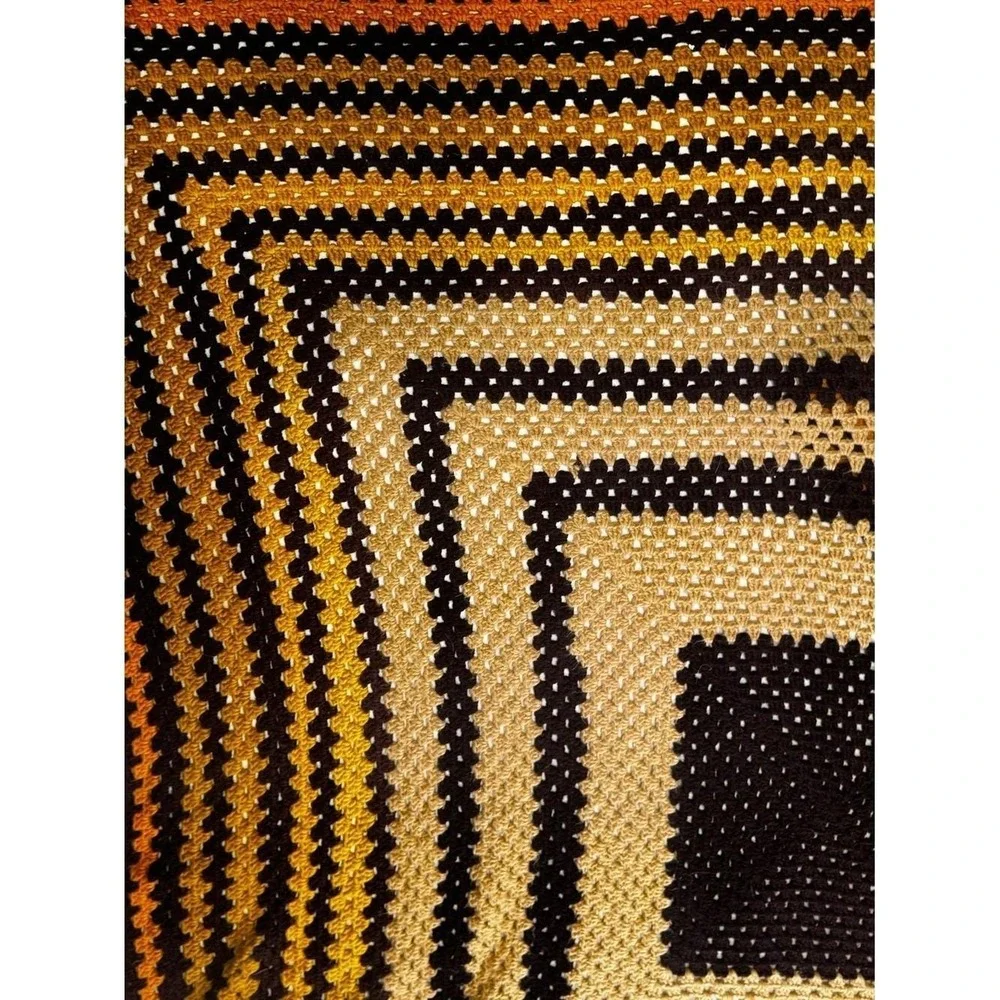 VTG 70s Crochet Afghan Handmade Brown Orange Yellow Band Van Basement Throw